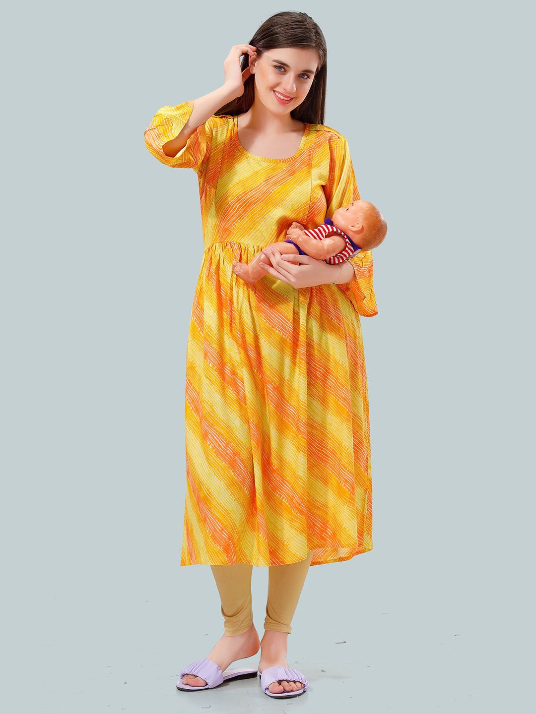 Women Leheriya Printed Bell Sleeves Maternity Kurta
