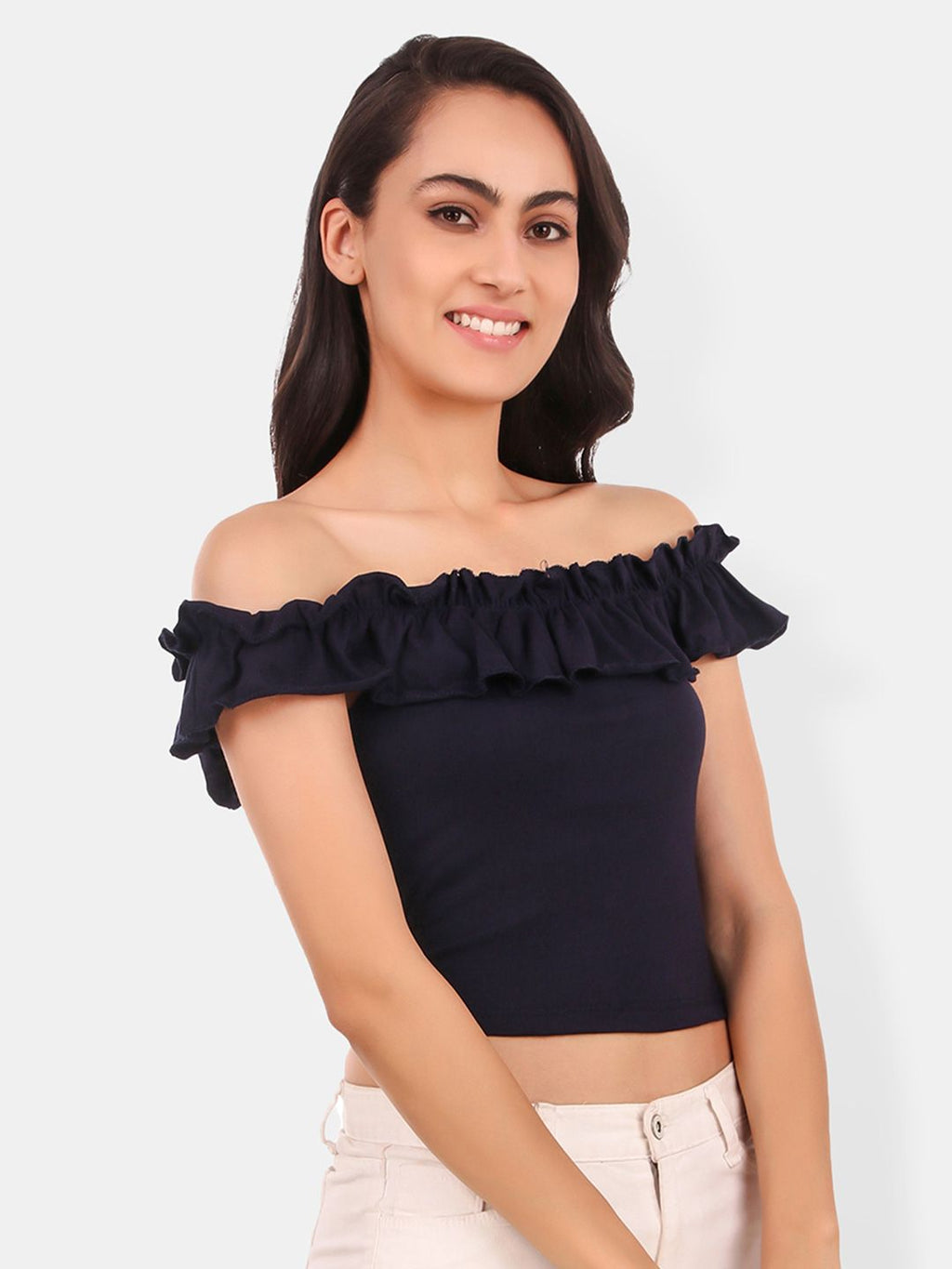 Off-Shoulder Ruffles Cotton Bardot Crop Top