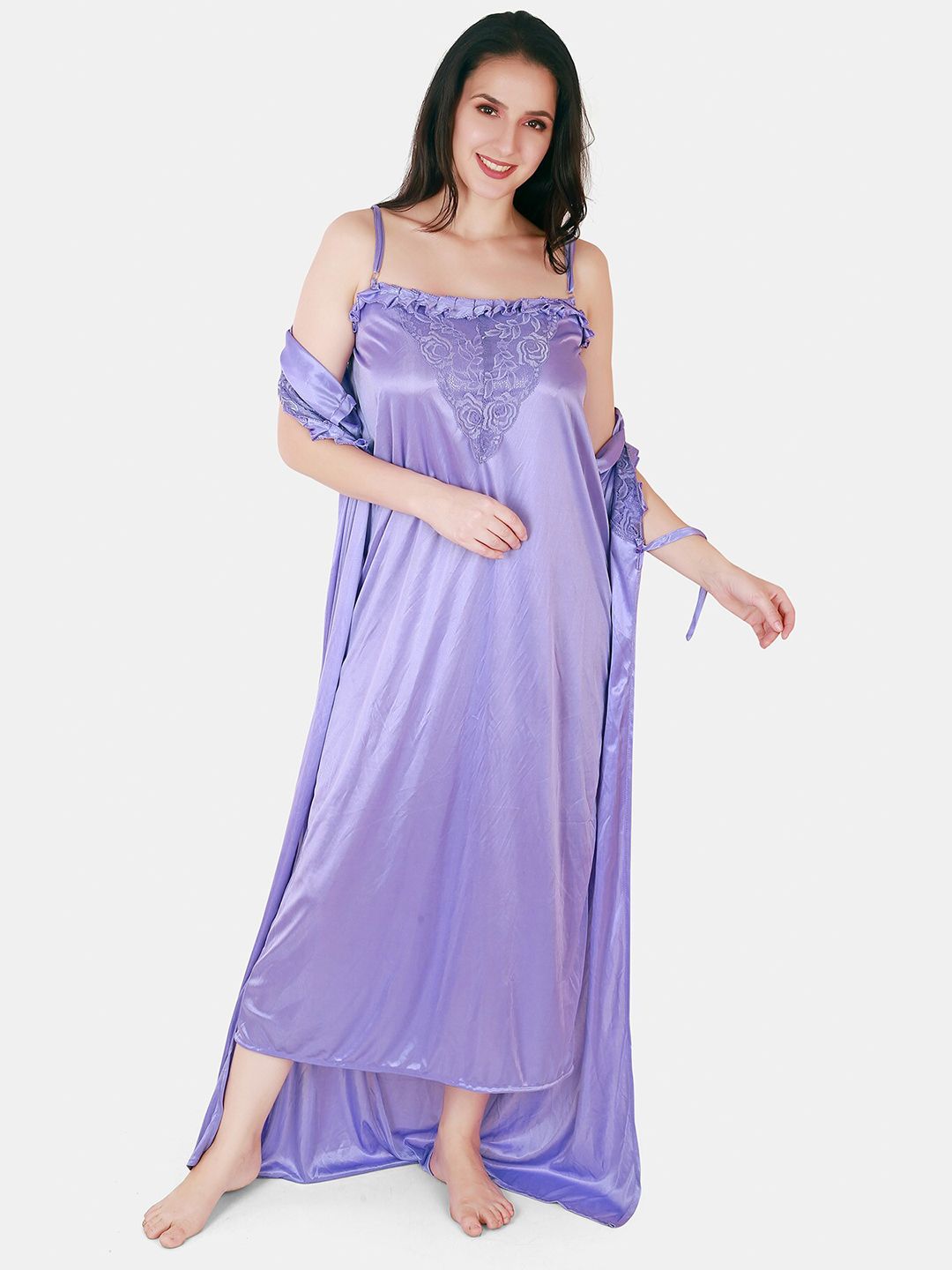 Floral Lace Shoulder Straps Satin Maxi Nightdress With Robe