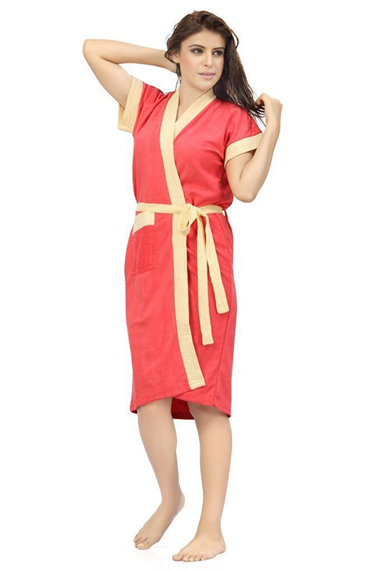 Gajri-Yellow Terry Cotton Two-tone Half Sleeves Pack of 1 Bath Gown for Women