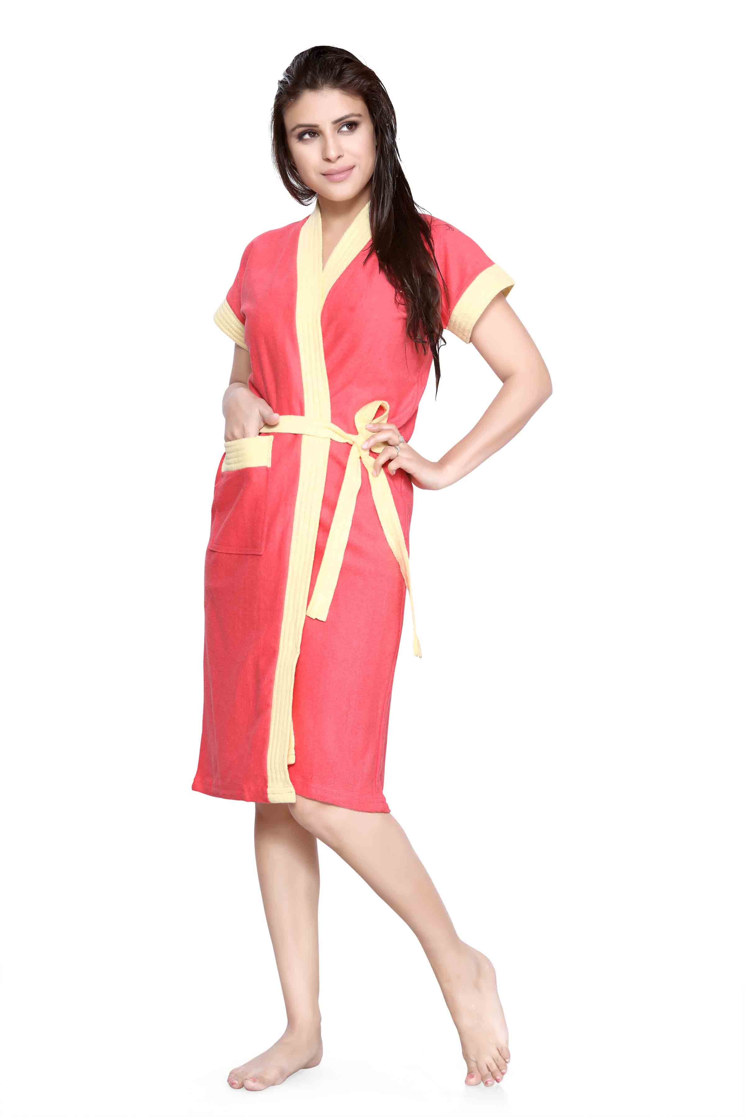 Gajri-Yellow Terry Cotton Two-tone Half Sleeves Pack of 1 Bath Gown for Women