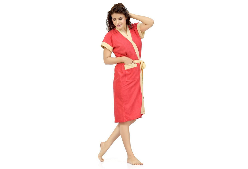 Gajri-Yellow Terry Cotton Two-tone Half Sleeves Pack of 1 Bath Gown for Women