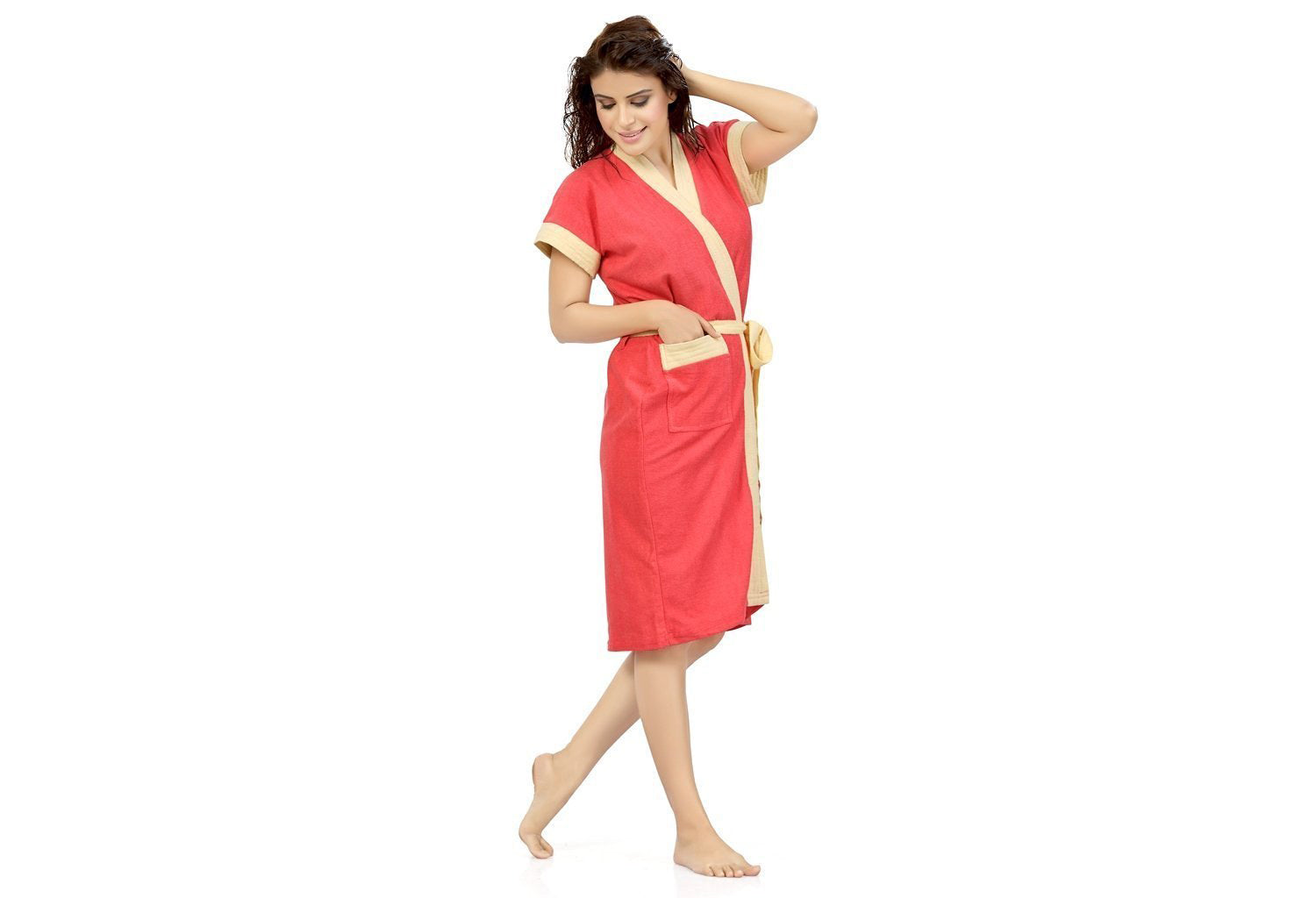 Gajri-Yellow Terry Cotton Two-tone Half Sleeves Pack of 1 Bath Gown for Women
