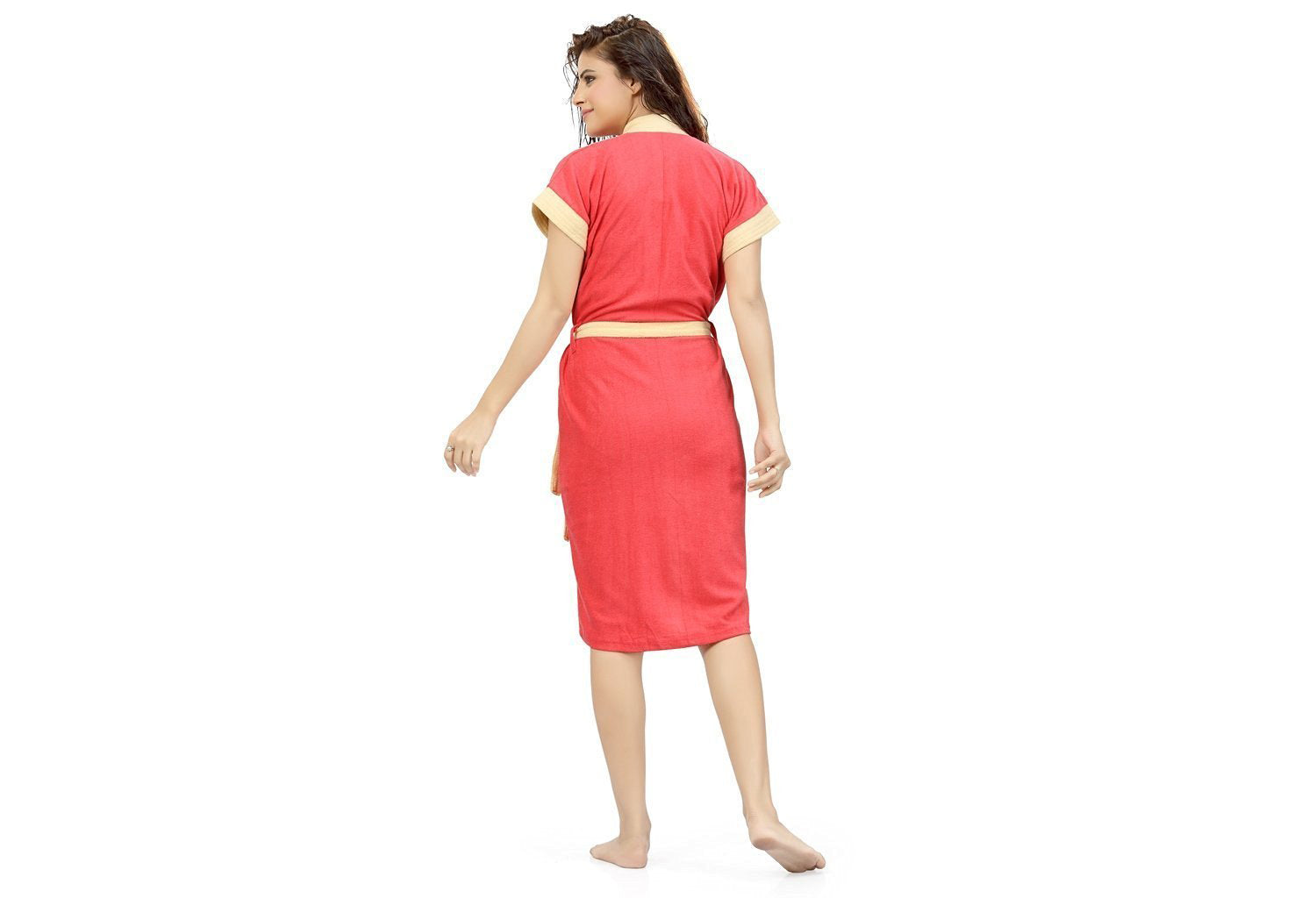 Gajri-Yellow Terry Cotton Two-tone Half Sleeves Pack of 1 Bath Gown for Women