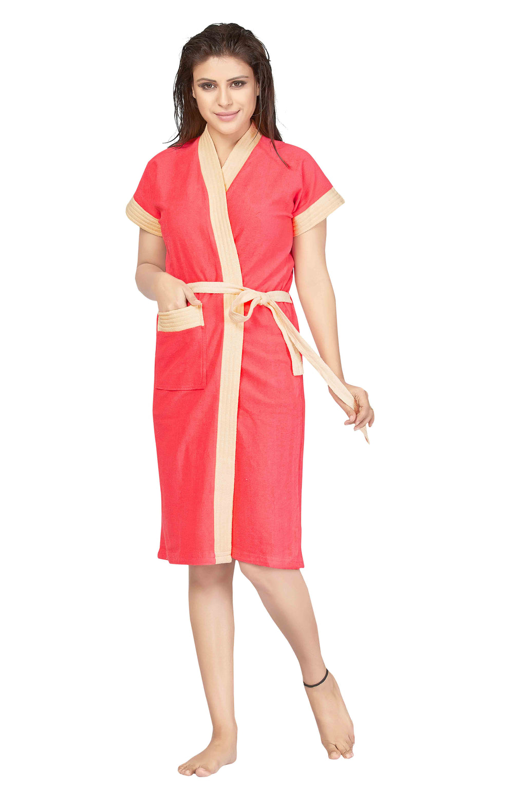 Gajri-Yellow Terry Cotton Two-tone Half Sleeves Pack of 1 Bath Gown for Women