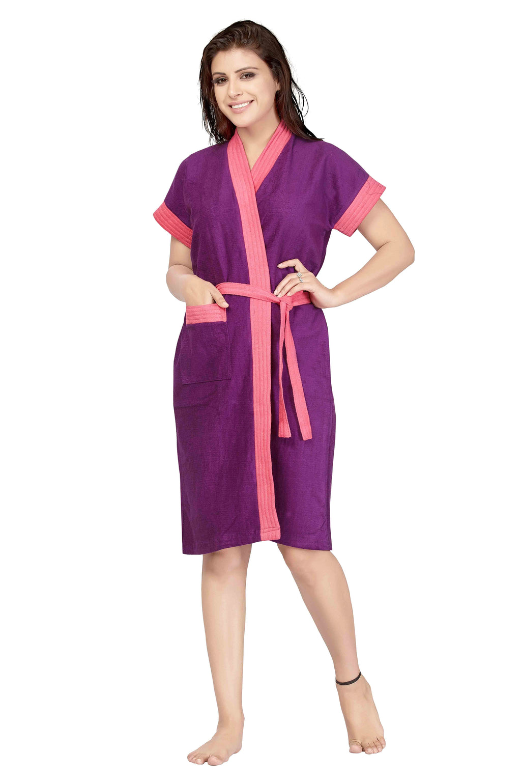 purple women bathrobe front open design
