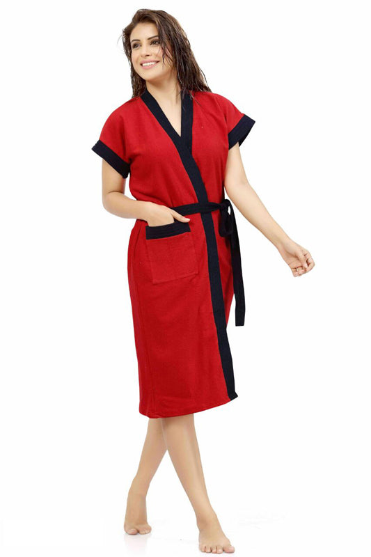 Red Terry Cotton Two-tone Half Sleeves Pack of 1 Bath Gown for Women