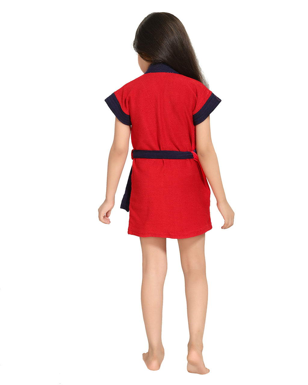 Red Terry Cotton Two-tone Half Sleeves Pack of 1 Bath Gown for Women