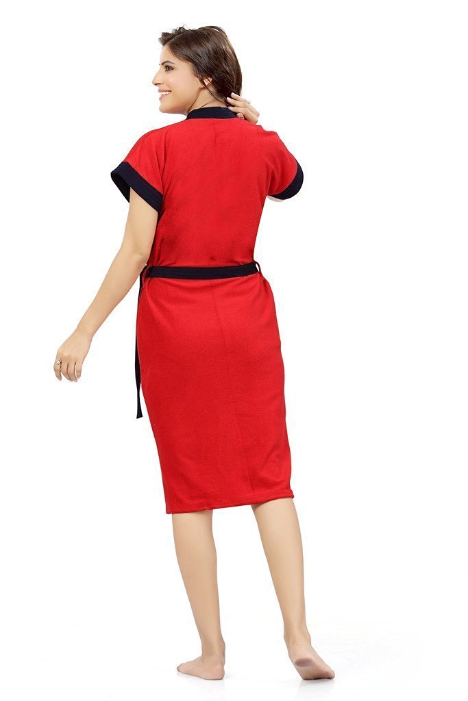 Red Terry Cotton Two-tone Half Sleeves Pack of 1 Bath Gown for Women