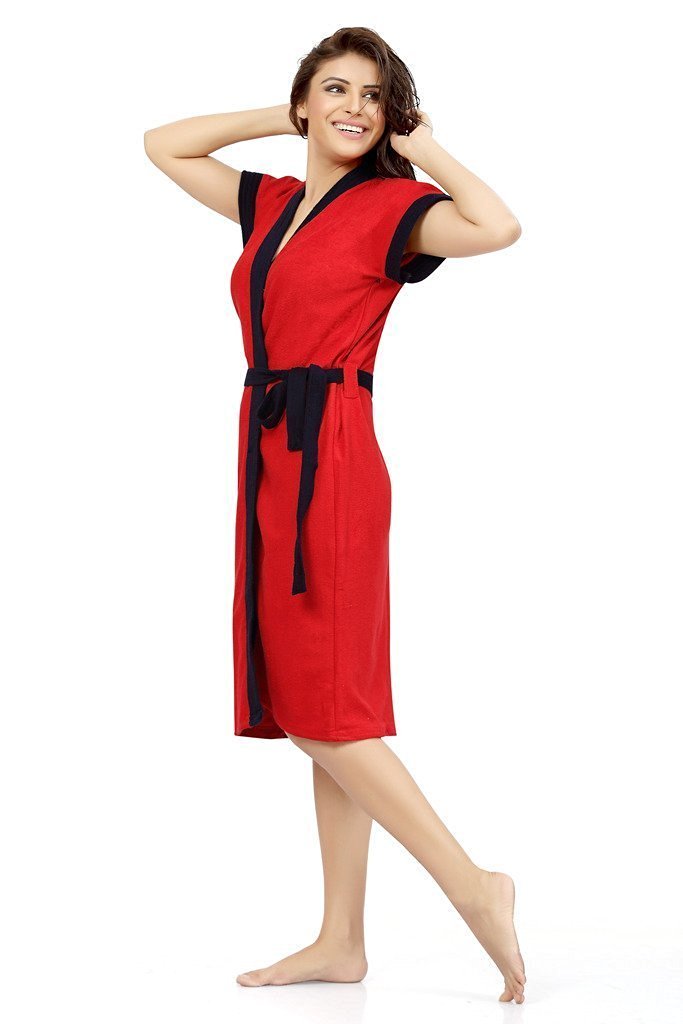 Red Terry Cotton Two-tone Half Sleeves Pack of 1 Bath Gown for Women