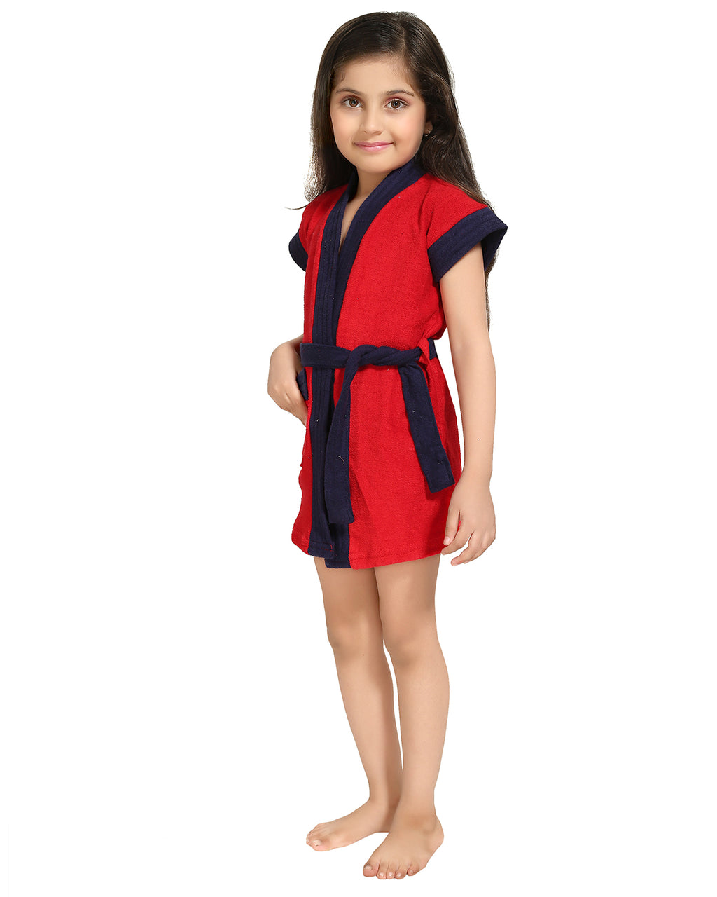 Red Terry Cotton Two-tone Half Sleeves Pack of 1 Bath Gown for Women