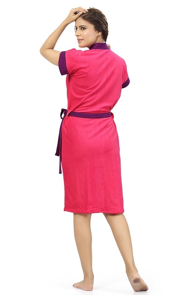 Pink-Purple Terry Cotton Two-tone Half Sleeves Pack of 1 Bath Gown