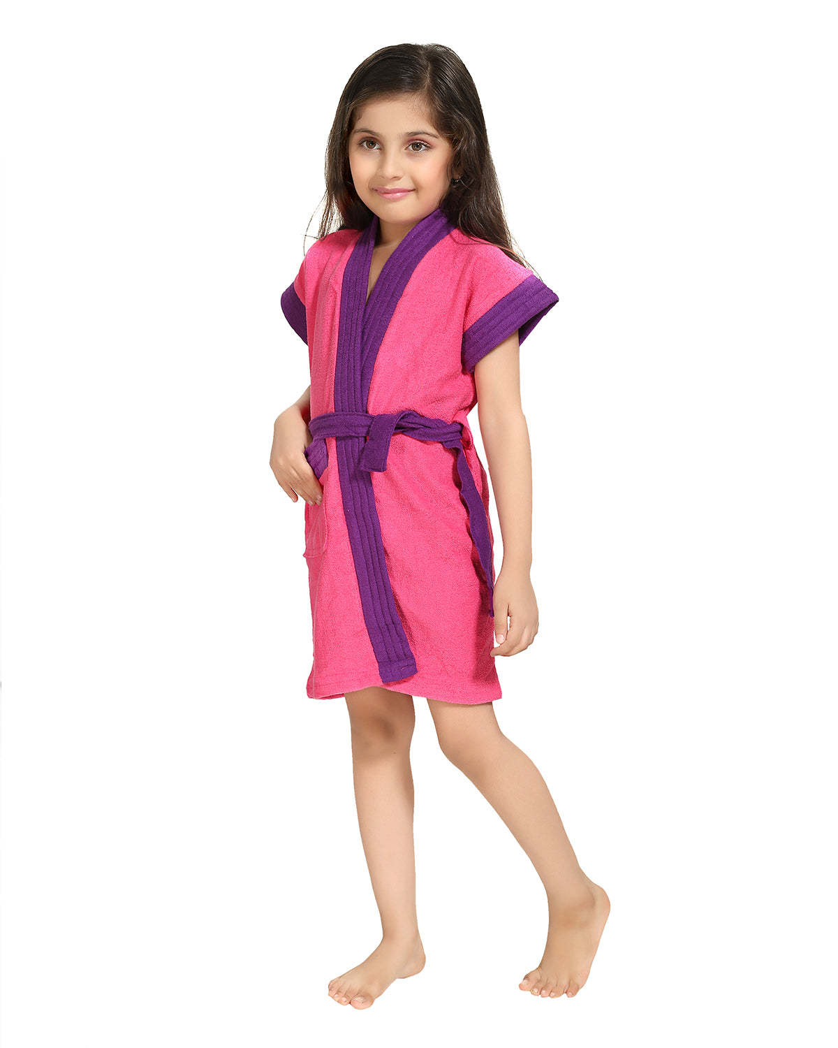 Pink-Purple Terry Cotton Two-tone Half Sleeves Pack of 1 Bath Gown