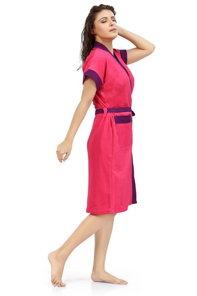 Pink-Purple Terry Cotton Two-tone Half Sleeves Pack of 1 Bath Gown
