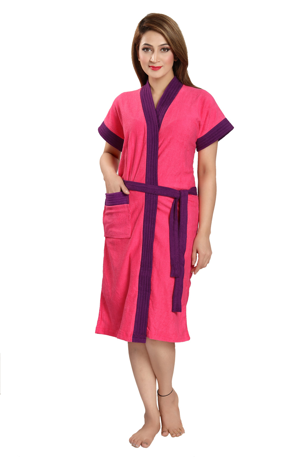 Pink-Purple Terry Cotton Two-tone Half Sleeves Pack of 1 Bath Gown