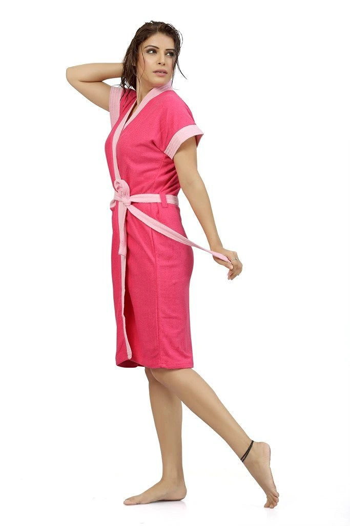 women knee length pink bathrobe