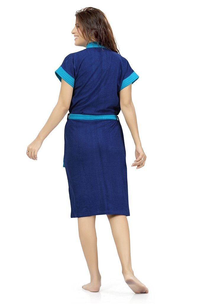 Terry Cotton Two-tone Half Sleeves Pack of 1 Bath Gown for Women