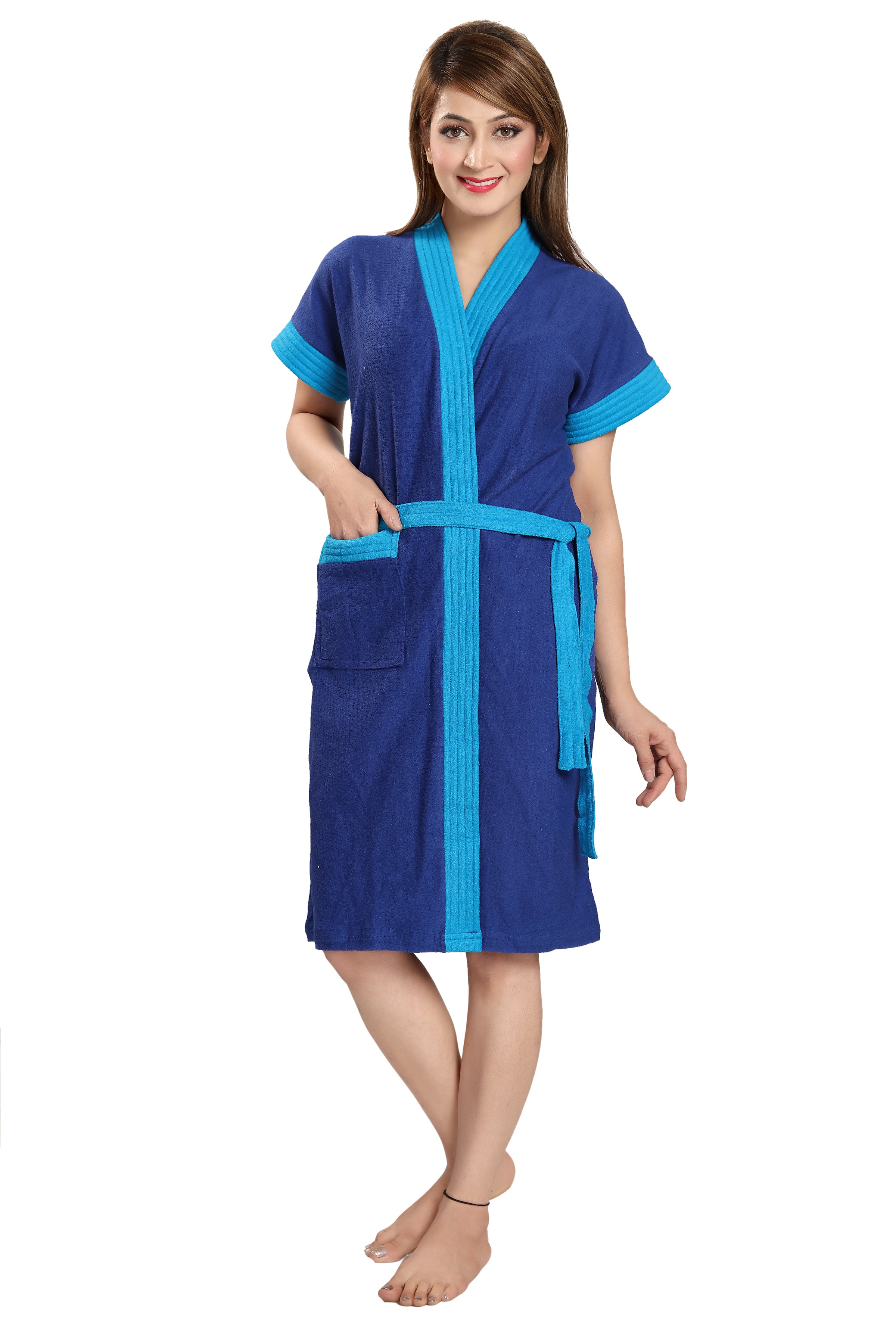 Terry Cotton Two-tone Half Sleeves Pack of 1 Bath Gown for Women