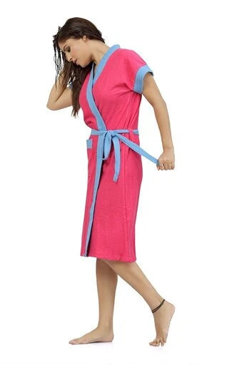Women knee length cotton bath robe with belt

