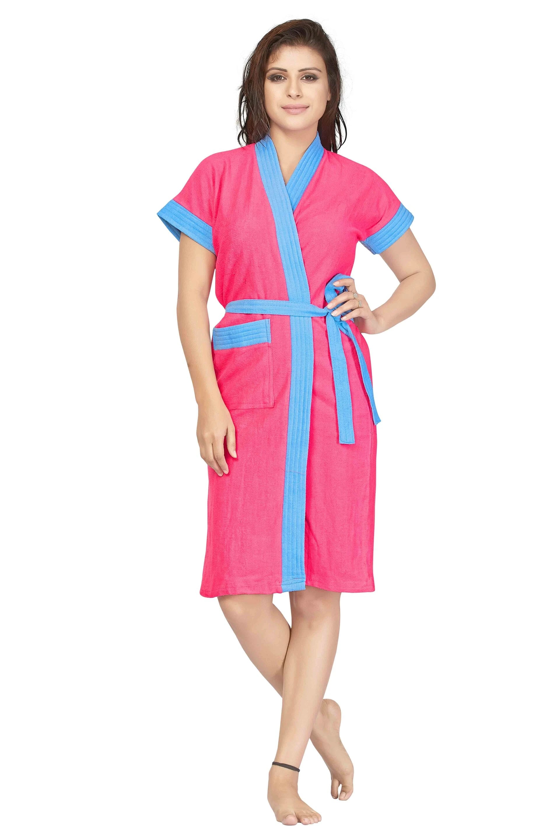 Pink blue terry cotton bath gown for women front view
