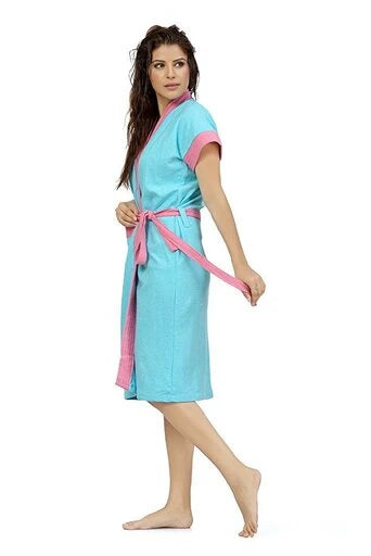 women two tone bath gown with belt and pocket
