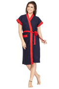 navy blue red women bathrobe front open
