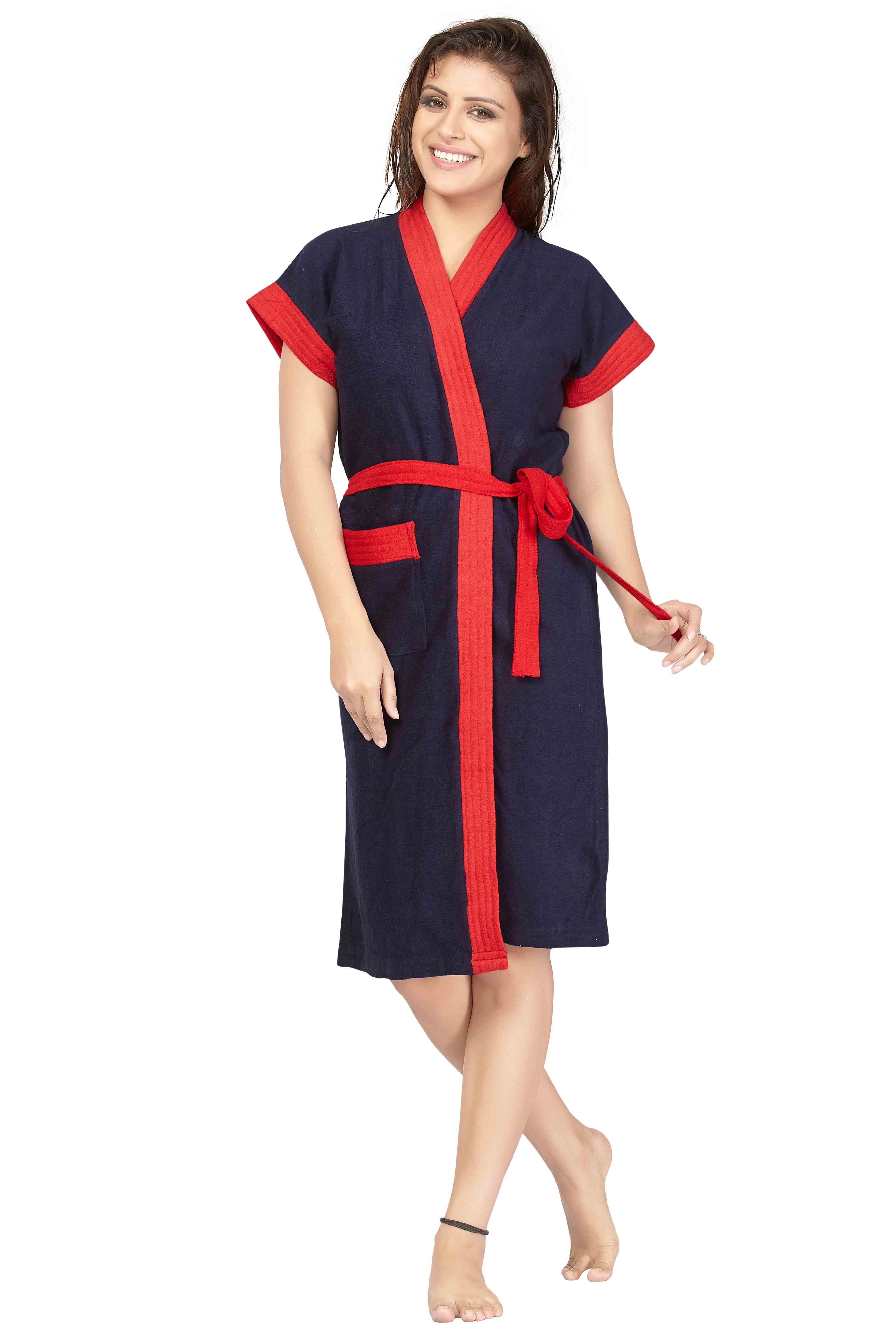 navy blue red women bathrobe front open
