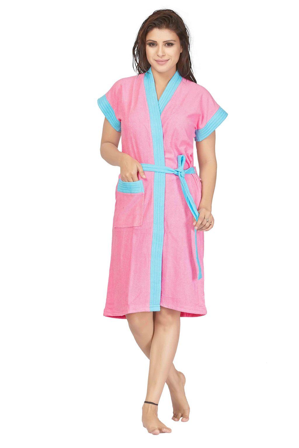 pink blue women bath gown front open
