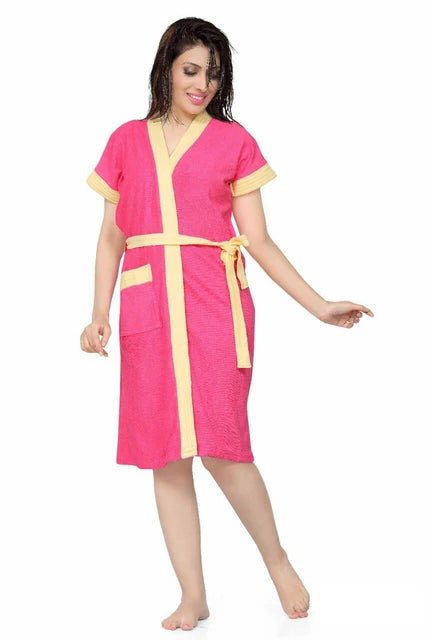 Women wearing soft terry cotton bath gown with waist belt

