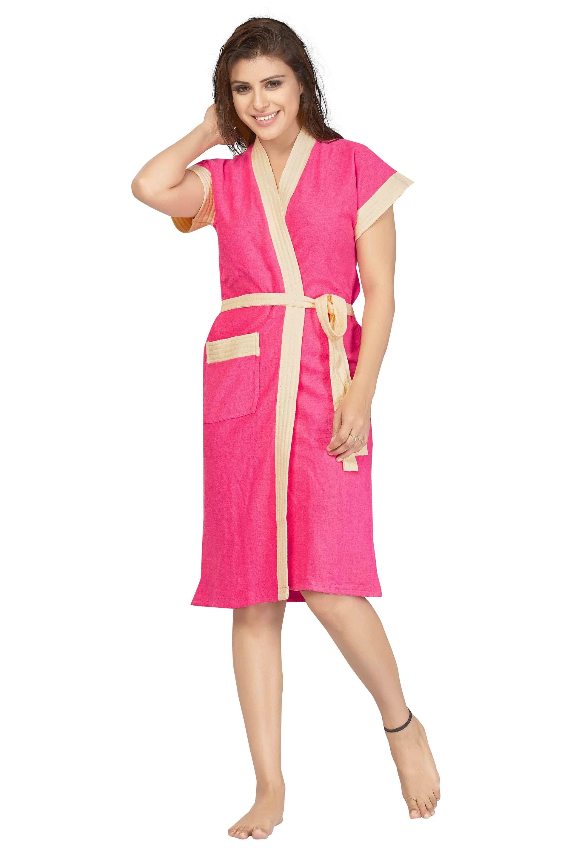 Pink yellow two-tone terry cotton bath robe for women front view
