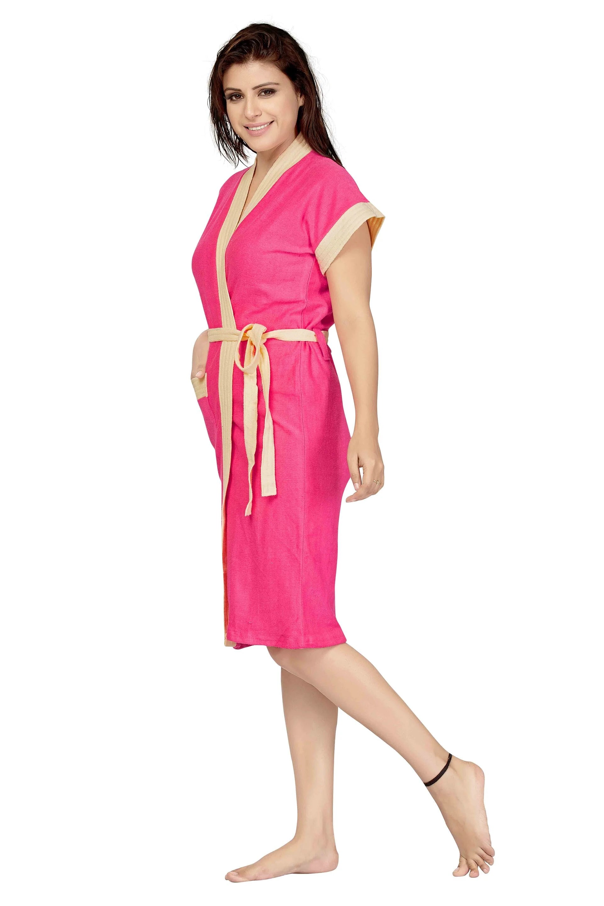 Side view of pink yellow cotton bath robe 
