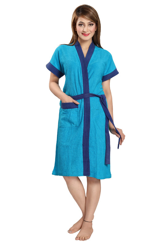 Blue Terry Cotton Two-Tone Half Sleeve Bath Gown for Women