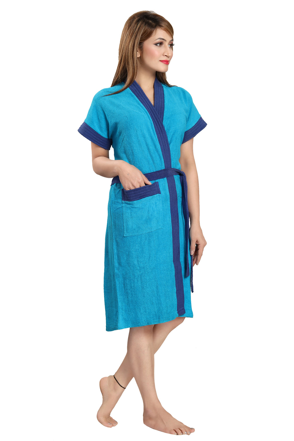 Blue Terry Cotton Two-Tone Half Sleeve Bath Gown for Women