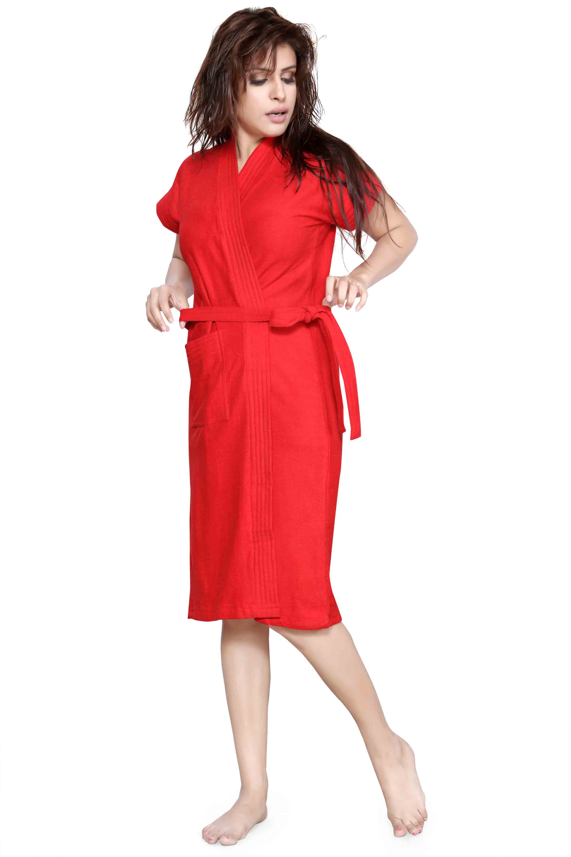 Red Terry Cotton Solid Bath Gown for Women – Knee Length