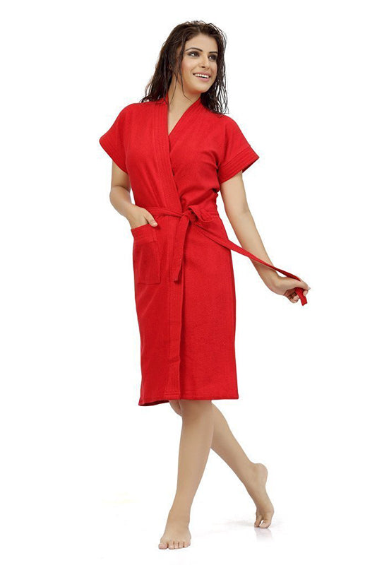 Red Terry Cotton Solid Bath Gown for Women – Knee Length