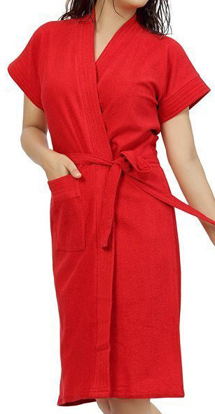 Red Terry Cotton Solid Bath Gown for Women – Knee Length
