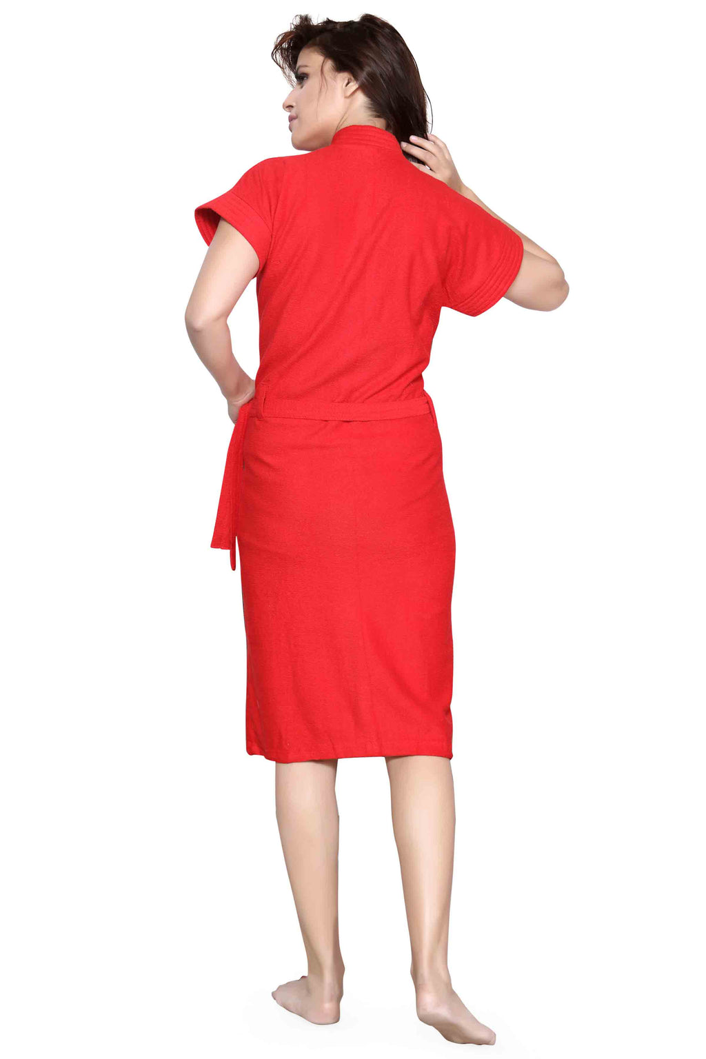 Red Terry Cotton Solid Bath Gown for Women – Knee Length
