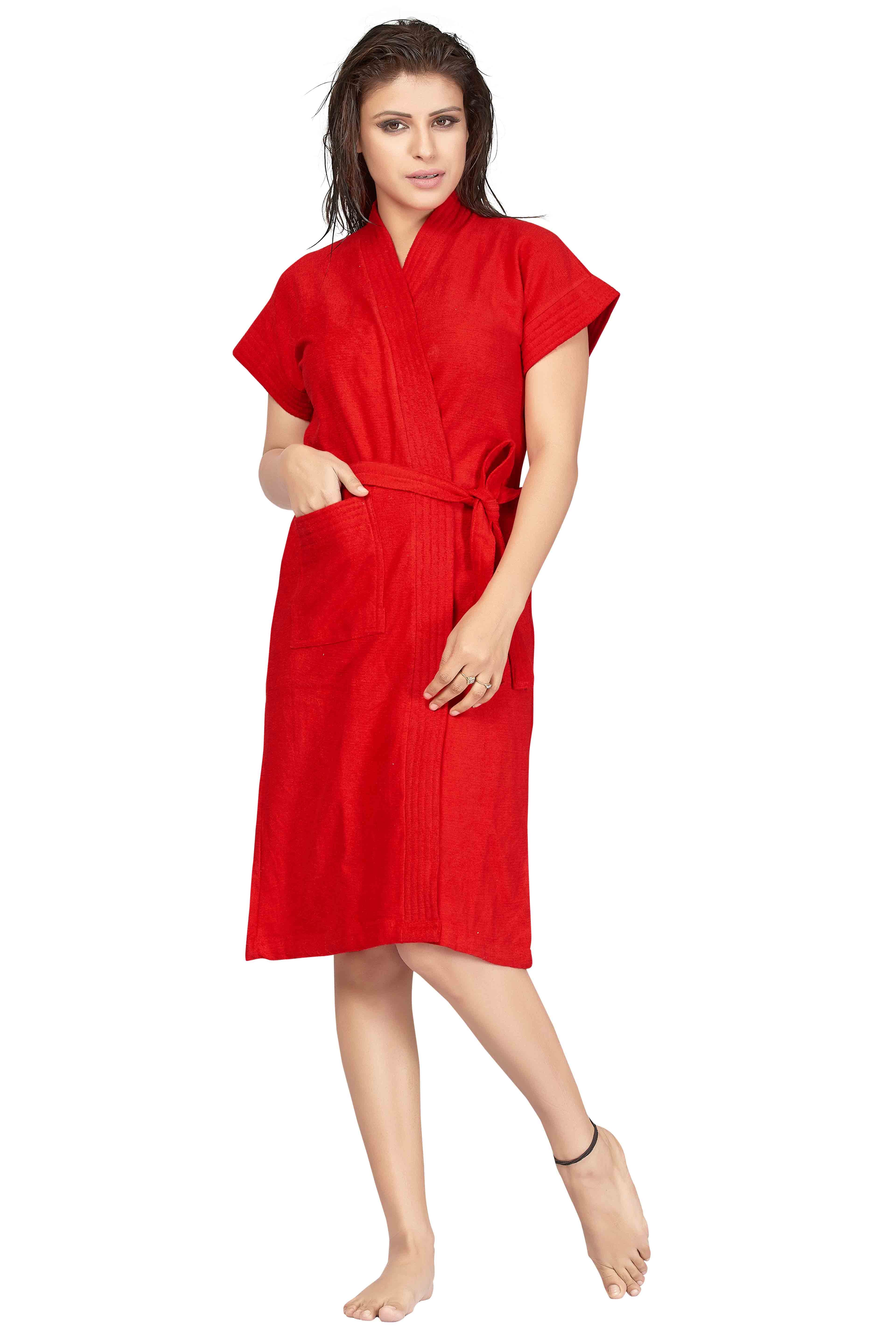 Red Terry Cotton Solid Bath Gown for Women – Knee Length