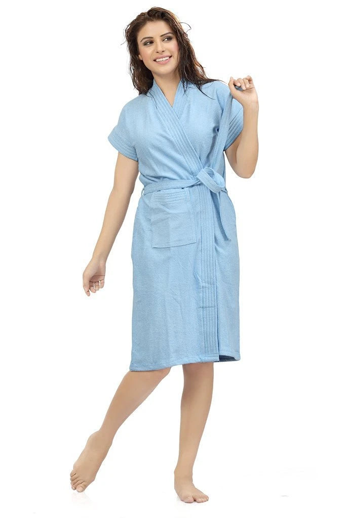 women knee length blue bathrobe
