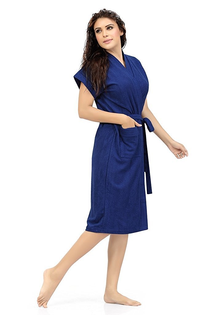 Terry Cotton Solid Half Sleeves Bath Gown for Women Side