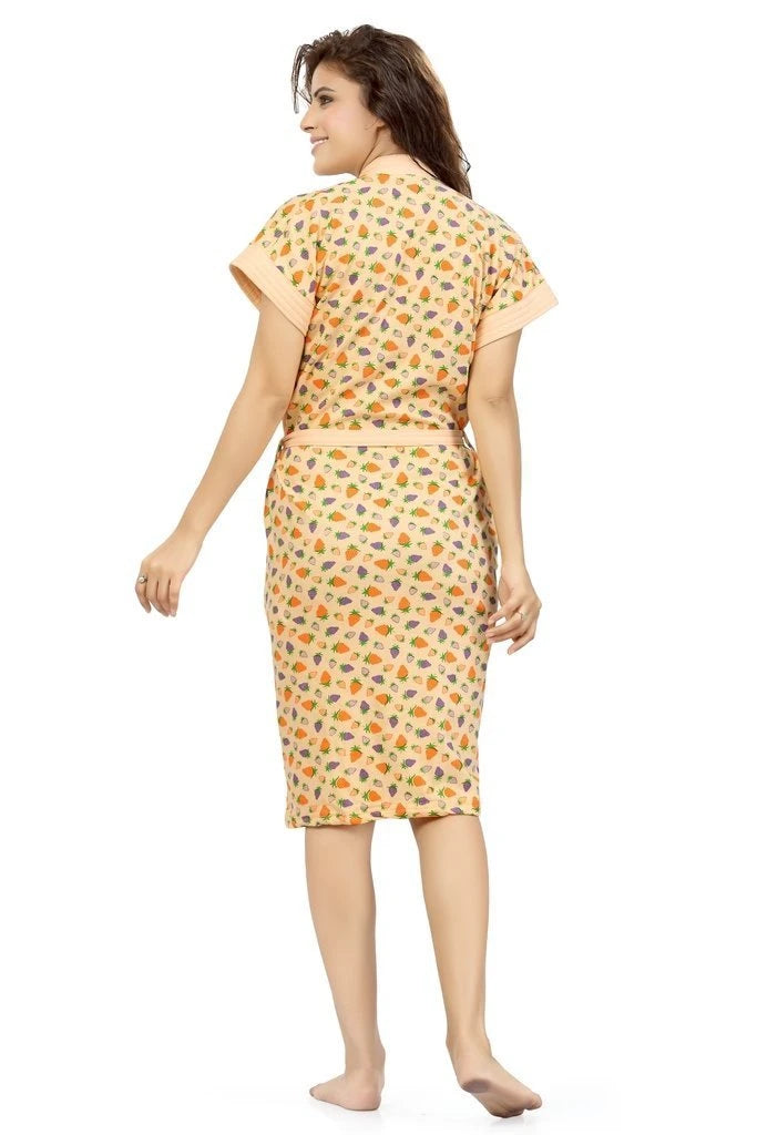 cream printed terry cotton bath robe for women back view