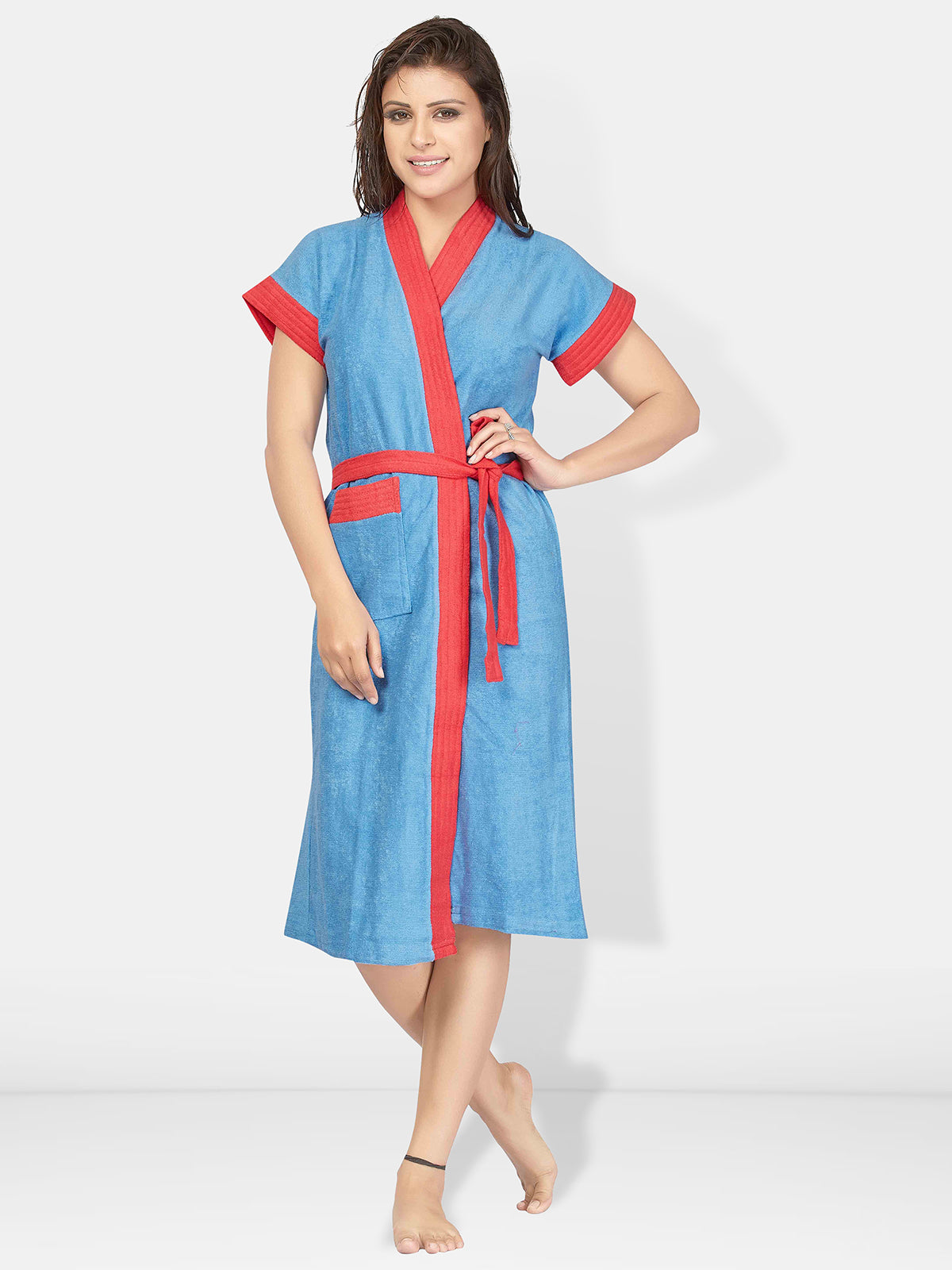 Terry Cotton Two-Tone Half Sleeves Pack of 1 Bath Robe for Women