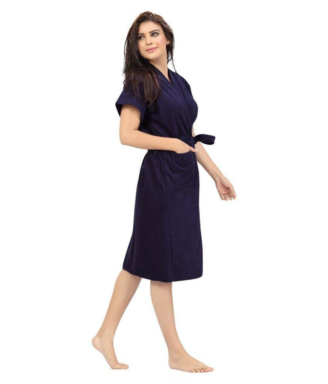 Terry Cotton Solid Half Sleeves Pack of 1 Bath Robe for Women