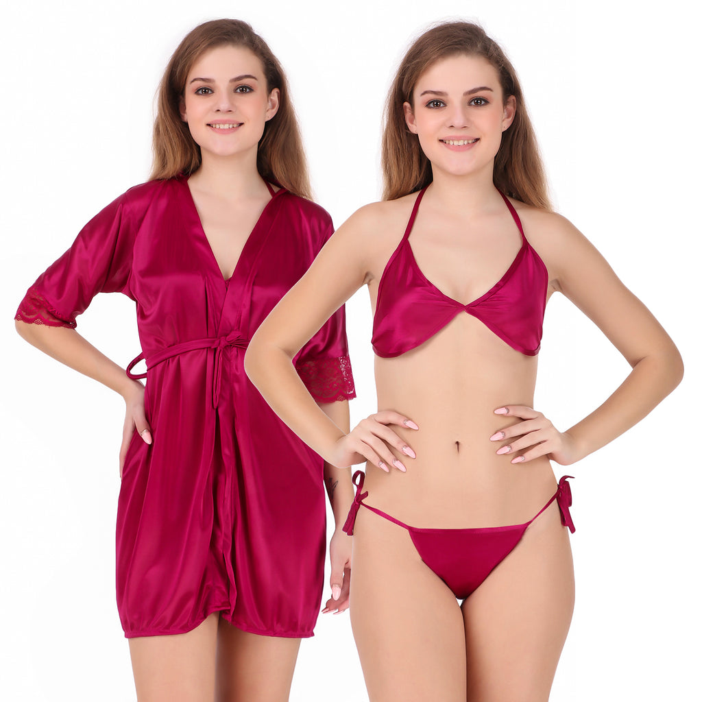 Satin Solid 3/4 Sleeve Robe with Lingerie Set for Women 