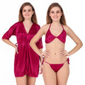 Satin Solid 3/4 Sleeve Robe with Lingerie Set for Women 