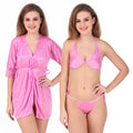 Light Pink Satin Solid 3/4 Sleeve Robe with Lingerie Set for Women
