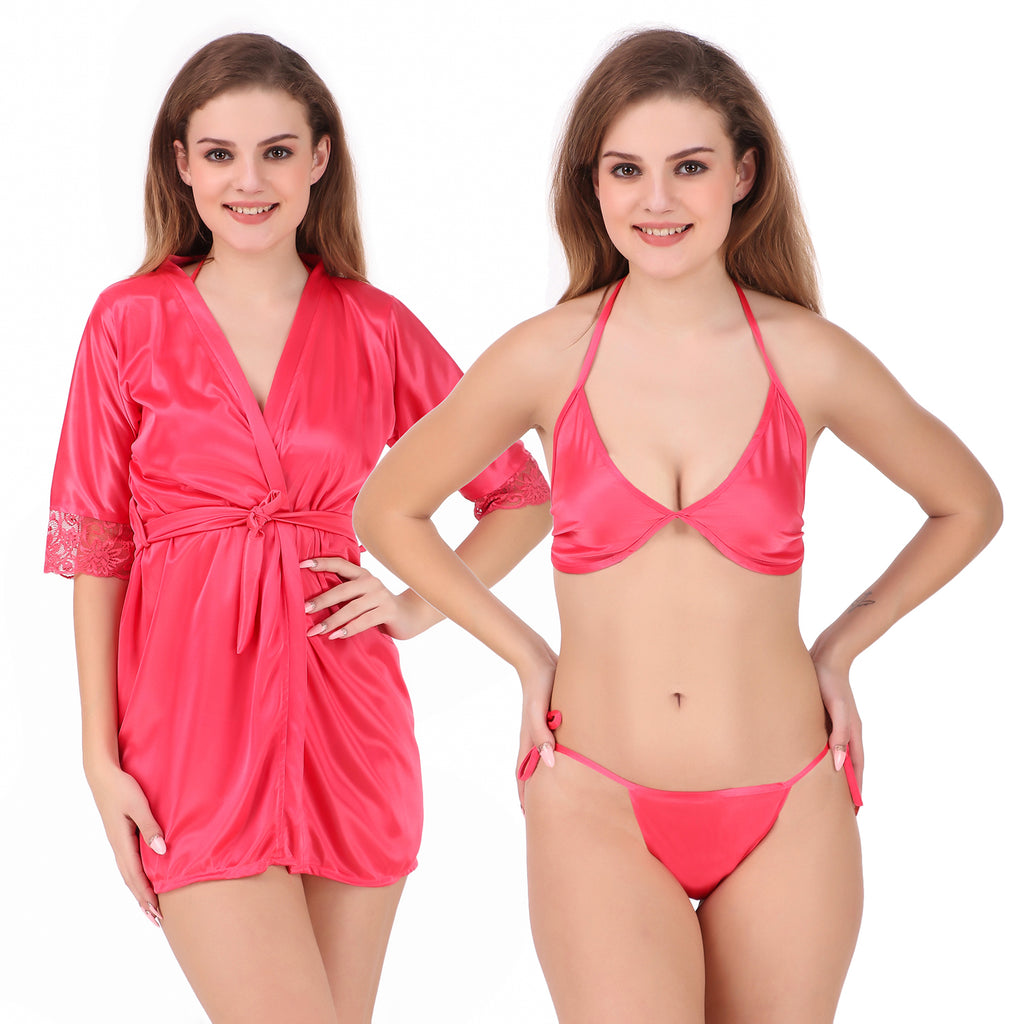 Peach Satin Solid 3/4 Sleeve Pack of 1 Robe with Lingerie Set for Women