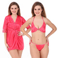 Peach Satin Solid 3/4 Sleeve Pack of 1 Robe with Lingerie Set for Women