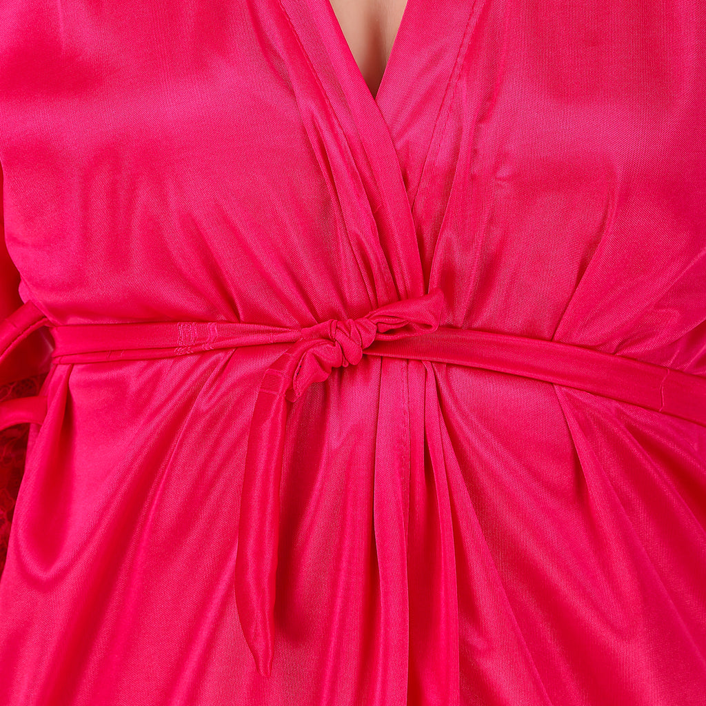 Hot Pink Satin Solid 3/4 Sleeve Pack of 1 Robe with Lingerie Set for Women