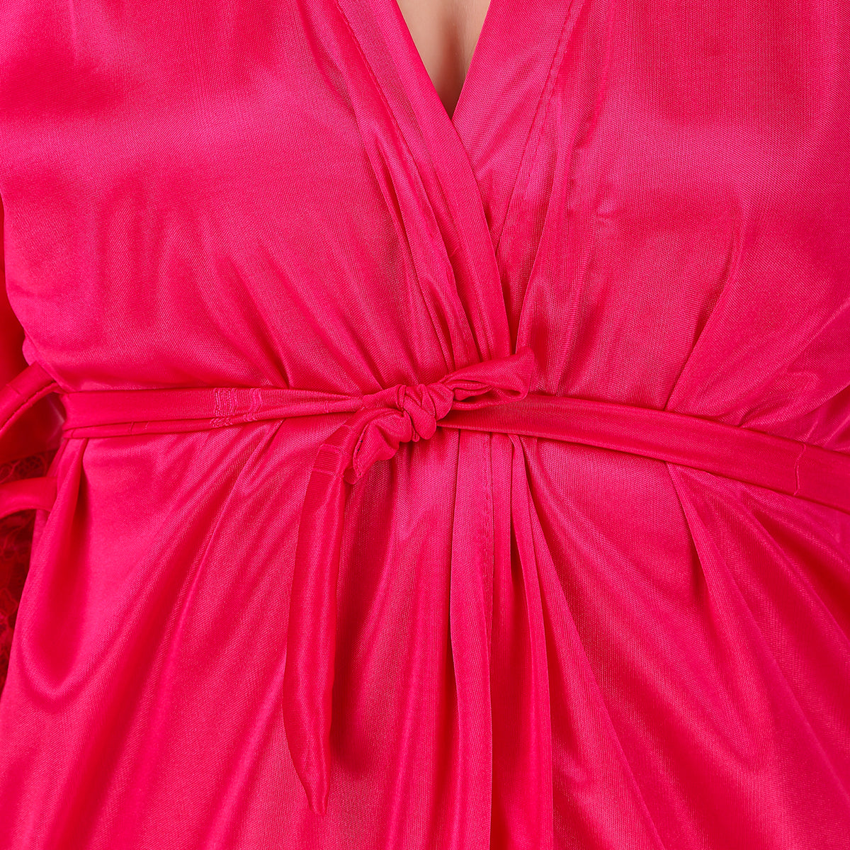 Hot Pink Satin Solid 3/4 Sleeve Pack of 1 Robe with Lingerie Set for Women
